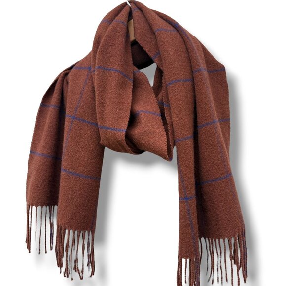 RAG & BONE Wool Scarf Rust Brown Windowpane Check Fringe Muffler Unisex Italy - Picture 1 of 10